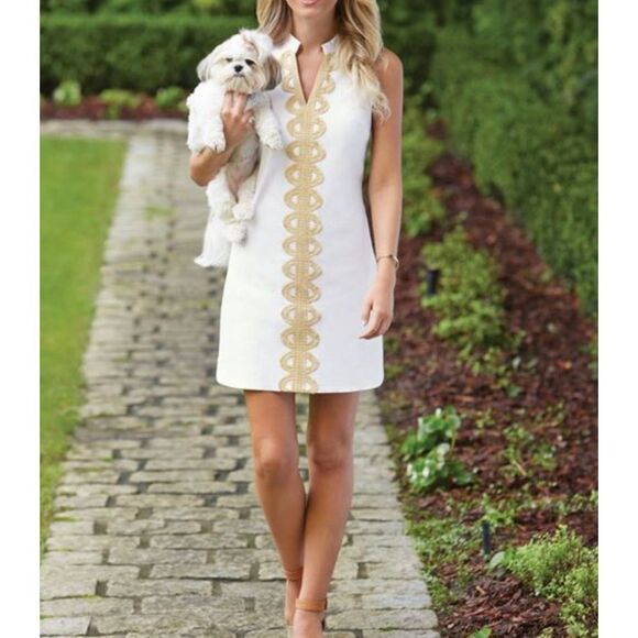 Mudpie Mia white embroidered gold shift dress size small - Picture 1 of 13